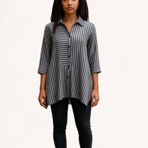 Ronnie Salloway Stripe Button-Back Cotton‎ Tunic Top Size M Lagenlook Boho